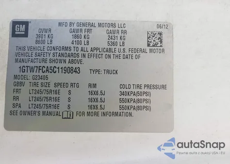 2012 GMC Savana 2500 Work Van z USA, uszkodzony, nr VIN 1GTW7FCA5C1190843